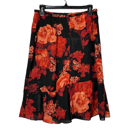 Semi Sheer Skirt Black Red Floral Double Layer Norton McNaughton 10 Flutter Hem - Picture 2 of 8